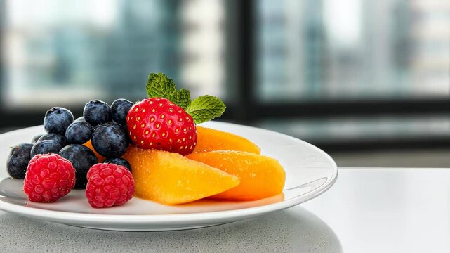 Fresh Fruit Platter: A close-up of a vibrant fruit platter, artistically arranged, showcasing a selection of fresh berries and tropical slices, all perfectly presented. 