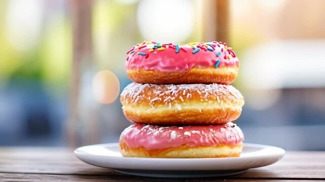 Sweet Stack: A delightful stack of three freshly baked donuts, each generously frosted and decorated with vibrant sprinkles and coconut flakes. Perfectly composed on a plate.