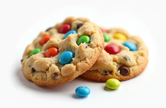 Two delicious cookies topped with colorful candies on white background. Brown cookies with chocolate chips with various color coated chocolates. Sweet dessert for kids, adults. Snack treat for