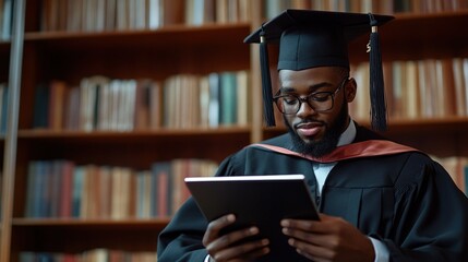 Focused graduate student examining diploma in library setting.