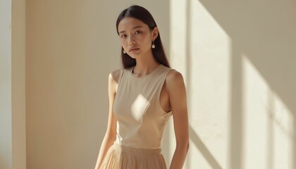 Attractive Asian woman in neutral-toned minimalist outfit. Natural light. Portrait of confident female, sophisticated style. Modern, feminine, chic look exudes effortless elegance. Beauty in
