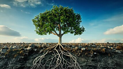 The role of nature in carbon sequestration depicted as a tree with carbon molecule roots, alluding to corporate responsibility. Corporate carbon reduction