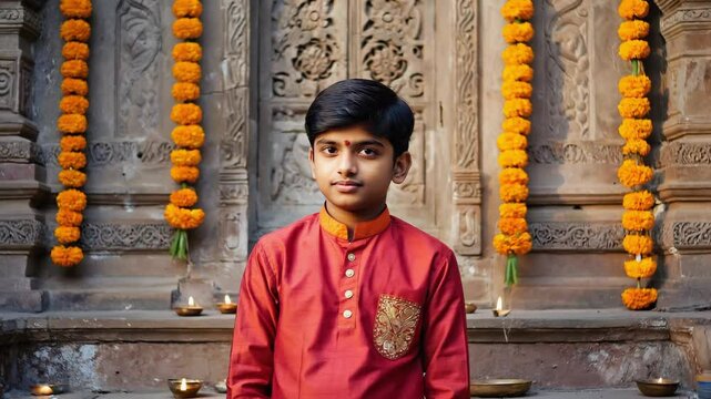 Indian boy wearing traditional kurta smiling during religious festivity, standing in front of decorated stone temple with orange garlands and oil lamps