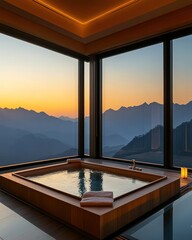 Fototapeta premium Panoramic mountain hot tub at sunrise