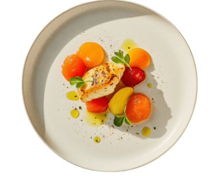 Gourmet seared fish fillet with heritage tomato on artisanal minimalist plate