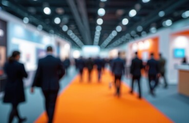 Blurred image of business exhibition, people walk around different stalls displaying products. Conference expo event with business people, modern interior. Convention center with technology, abstract