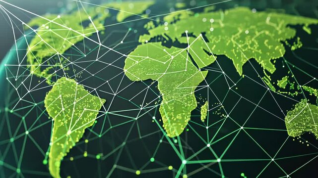 A network of corporate sustainability efforts depicted as green nodes interconnected on a global map. Corporate carbon reduction
