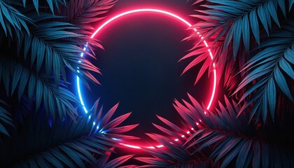 Neon circle design with jungle leaf palm decoration on black backdrop. Tropical style with vibrant colors. Modern trendy template for posters, banners, advertising, product presentation. Futuristic