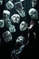 Mask dangles above outstretched hand, frozen expression suspended in eerie glow. Others hover in darkness, forming an unsettling stage where reality blurs into theatrical illusion—psychological depth.