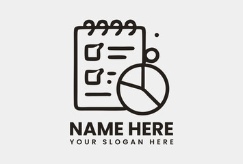 Notepad icon with checklist and pie chart symbolizing detailed planning and data analysis. Business concept