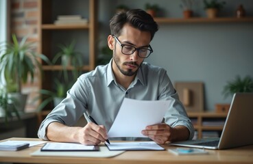 Focused young man works office desk. Accountant, analyst, financier reviews documents, uses laptop. Pro financial expert calculates budget, checks reports, analyzes business growth. Business,