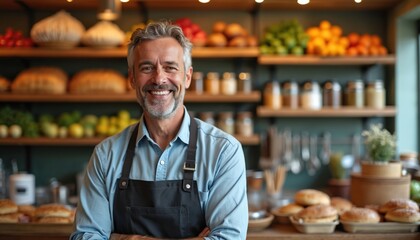 Smiling deli owner in apron at food market. Man entrepreneur small business owner welcomes customers. Fresh fruits vegetables on shelves. Grocery store concept. Teamwork, customer service, retail.