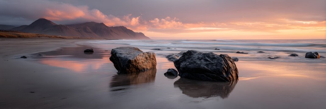 Waves crashing on sandy beach at sunset, with golden light reflecting off the water and dramatic clouds adding depth to the coastal scenery