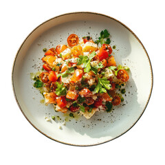 Fresh tomato and ricotta salata salad with parsley on artisanal plate