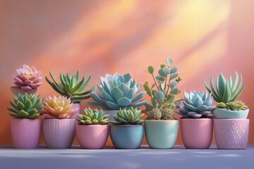Fototapeta premium A vibrant collection of succulents in colorful pots sits against a warm, sunny, gradient background, creating a serene botanical display.