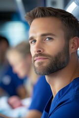Nurse looks forward in hospital hallway, nurse expression calm and focused, nurse confidence shines as blue uniform enhances nurse professional presence in medical space.