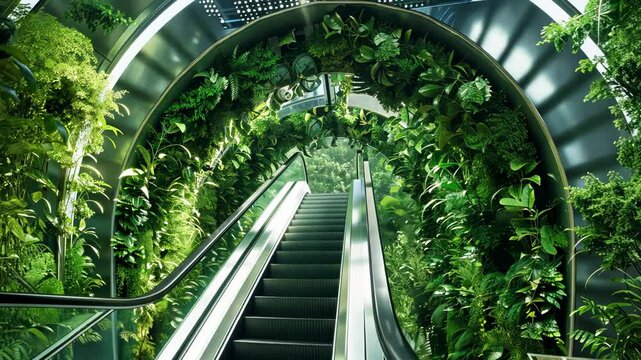 Escalator conceptual design engulfed in climbing plants, depicting the union of natural elements and corporate infrastructure. Corporate carbon reduction