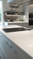Modern kitchen interior design features white countertop, induction cooktop, stainless steel cabinetry. Minimalist kitchen design creates polished pro cooking space, functional contemporary layout