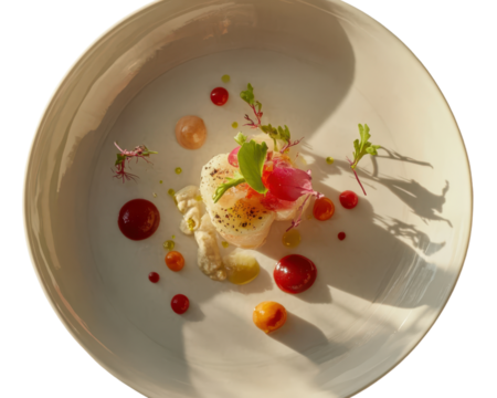 Artistic seared scallop with pickled radish on minimalist plate
