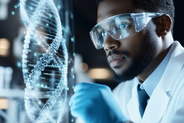 Young Middle Asian medical scientist wearing safety goggles examines holographic DNA strand, neon blue light illuminates intricate structure, futuristic genetic research unfolds, biotechnology concept