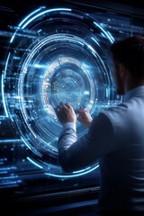 Man interacts with neon intelligence grid, man engages with holographic commands, neon data pulses through futuristic interface, neon circuits powering digital transformation.