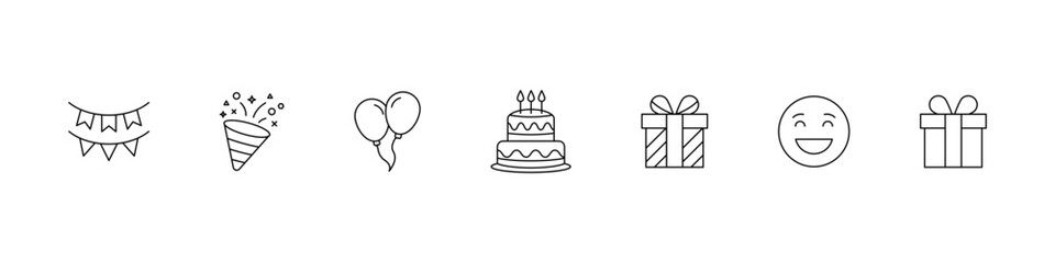 Celebration party icons. A collection of minimalist line art icons for birthday celebrations, including birthday elements like cake, gifts, balloons, confetti, and festive decorations. Editable stroke