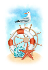 Seagull, lifebuoy, ship's steering wheel against the blue sky. Summer marine watercolor illustration. Nautical poster.