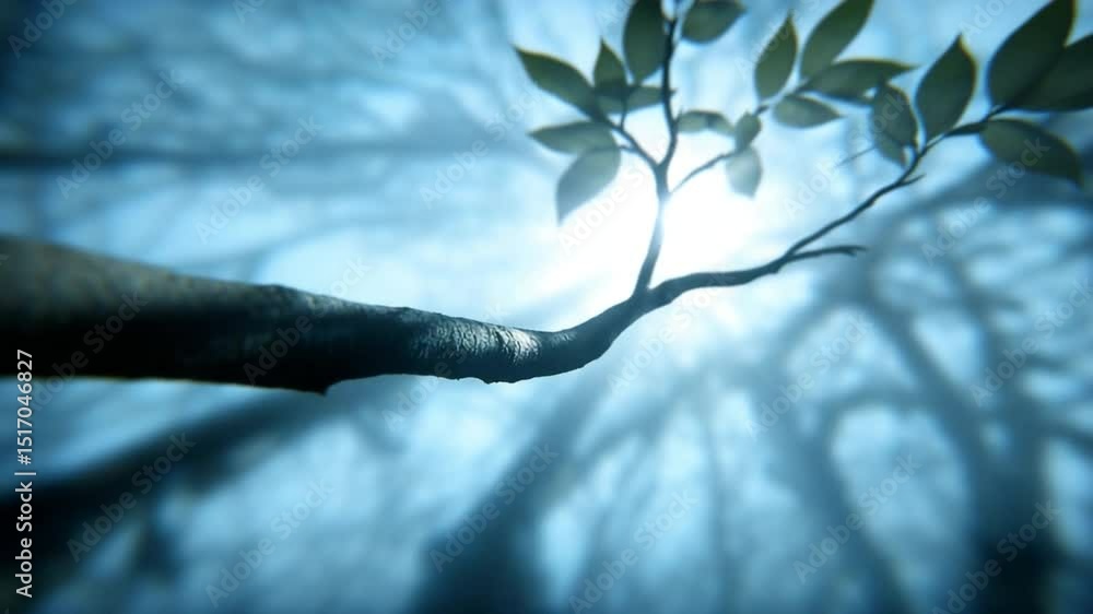 Poster Sunlit Branch Through Fog: A sunlit branch reaches out amidst a foggy forest, the soft light filtering through the mist creating a serene and enchanting atmosphere.