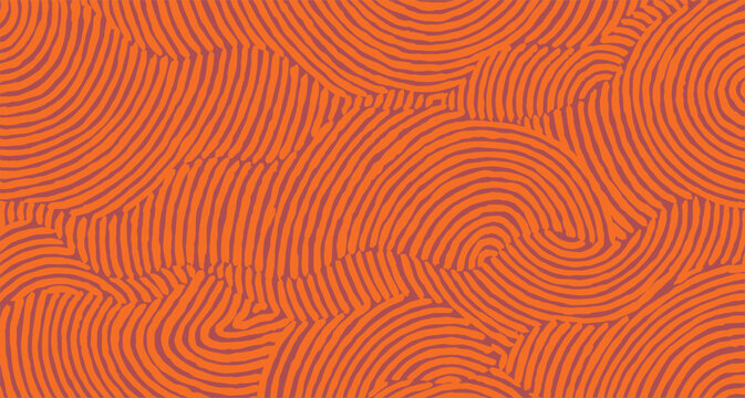 Hand drawn brush lines abstract circular waves pattern in orange, Japanese folk, tribal imperfect hand paint background, irregular graphic for textile, carpet