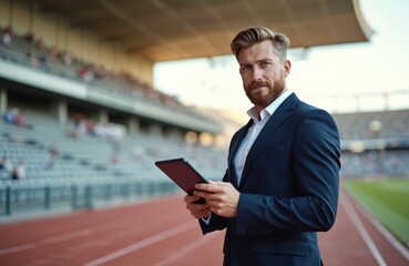 Stylish businessman holds tablet computer at sports stadium. Successful entrepreneur executive in formal suit makes investment at sports arena. Business, finance, sport competition concept.
