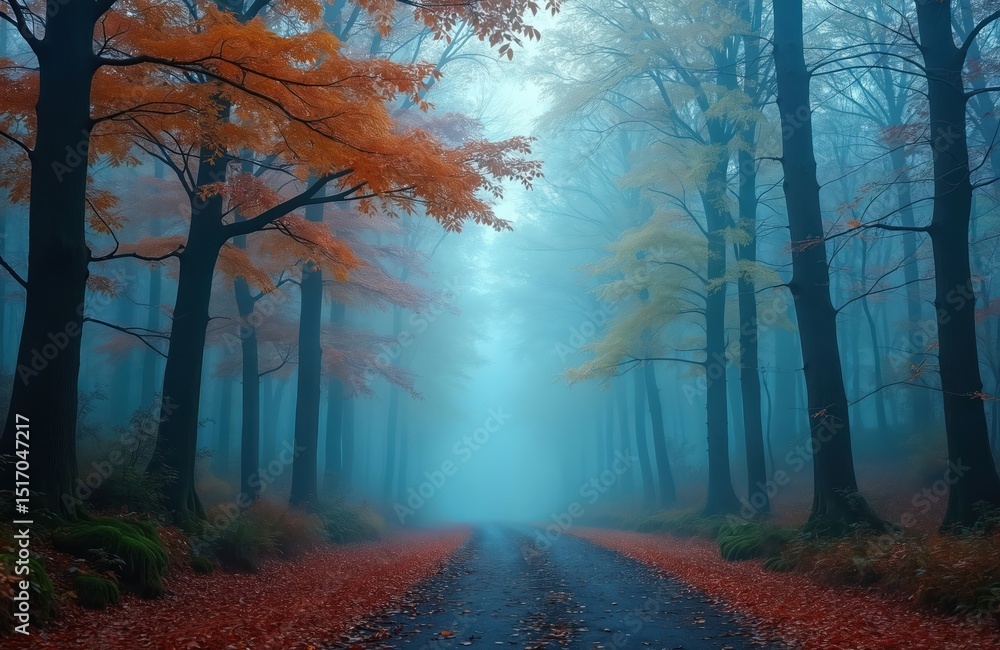 Poster mystical autumn forest scenery with path. enchanted trees with colorful orange and red leaves in blu