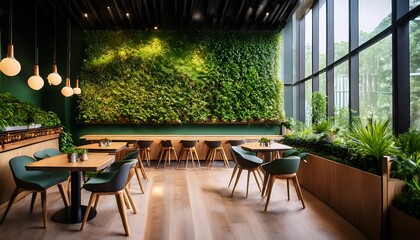 modern cafe or restaurant featuring living green wall biophilic design with vertical gardening eco friendly ambiance