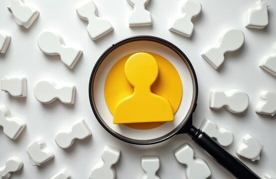 Yellow human icon inside magnifier glass among white figures. Customer focus concept, client relation management CRM. Human resources, business solutions, marketing, advertising, digital marketing,