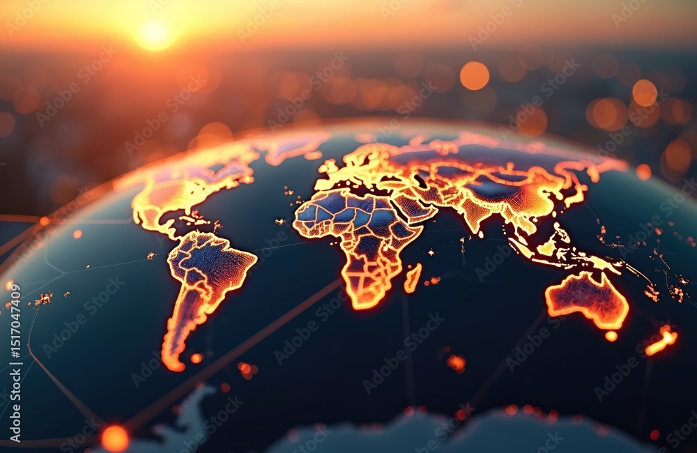 Poster illuminated world map with connection lines showing global network at sunset. international communic