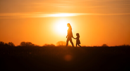 Fototapeta premium A softly focused, wide shot with a warm color palette dominated by oranges and yellows suggestive of either sunrise or sunset. The lighting is dramatic, with a bright light source positioned centrally