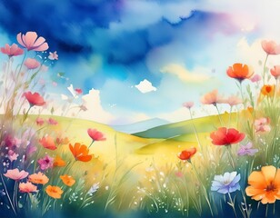 Fototapeta premium a watercolor painting of a field of flowers with a blue sky in the background