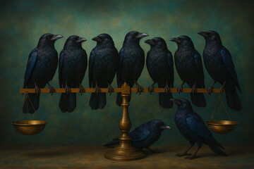 Nine crows. Seven are perched on a wooden scale with brass bowls. Two more await at the side of the scale. Ominous foretelling.