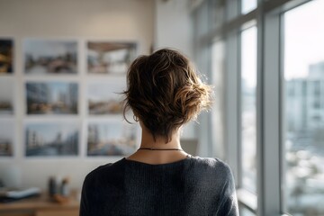 A woman with dark hair stands in front of a window, looking at real estate posters, with a city scene reflected in the glass