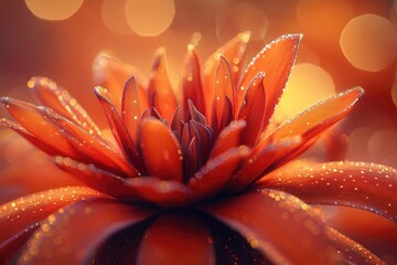 An orange flower with dewdrops sparkles beautifully with a bokeh background, creating a soft, warm effect.