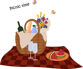 Illustration of picnic items. Romantic weekend. Basket stands on a blanket. Bottle of wine, glasses, water and baguette. Bouquet of field flowers. Plates with watermelon slices. Vector illustration