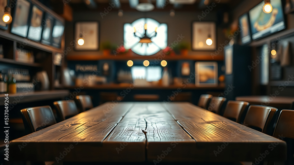 Poster empty wooden table rustic and blurred background of bar or pub for product display high quality phot