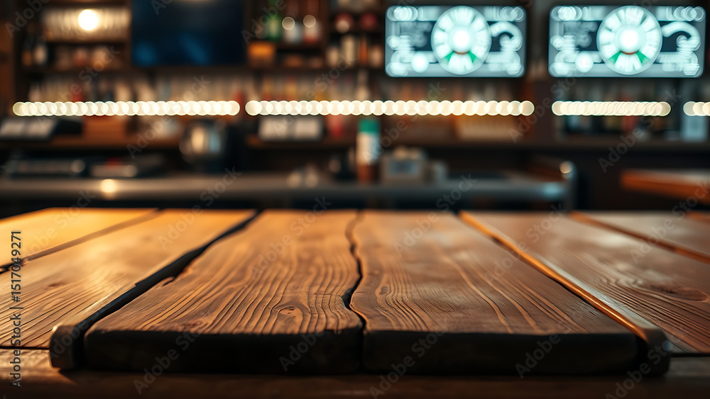 Poster empty wooden table rustic and blurred background of bar or pub for product display high quality phot