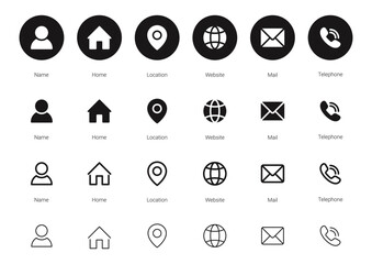 Contact us icon. Web icons set , home, call, email, address, location, globe, message, envelope, mobile, telephone, website, icon . Communication contact information icon. Business card icon set