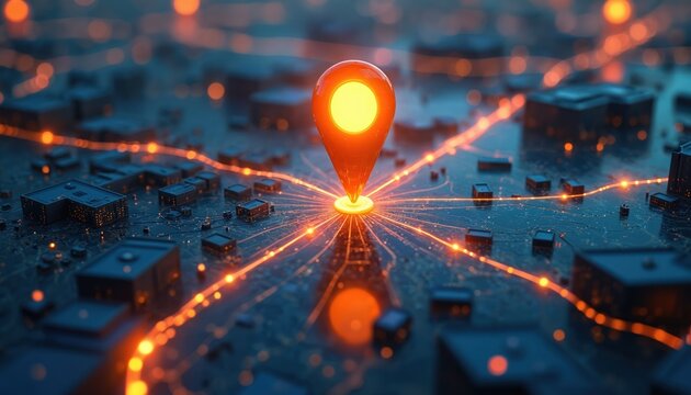 Illustration of glowing location pin on city map. Shows digital map with illuminated buildings streets, address. Location pin indicates place for GPS navigation. Digital technology, route,