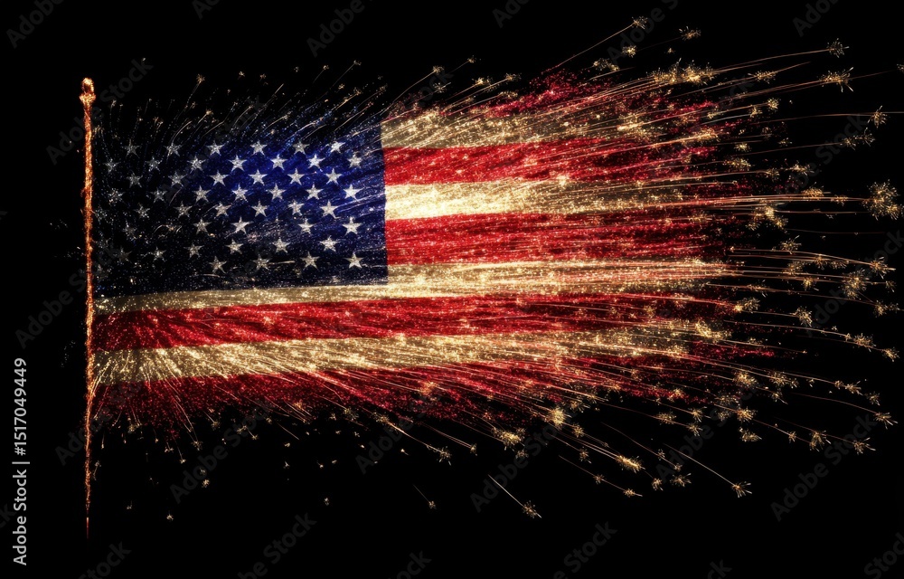 Poster 3d firework display in the shape of an american flag, isolated on a black background generative ai