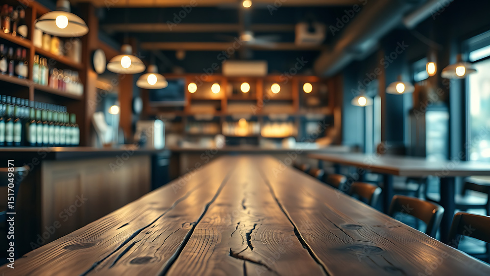 Poster empty wooden table rustic and blurred background of bar or pub for product display high quality phot
