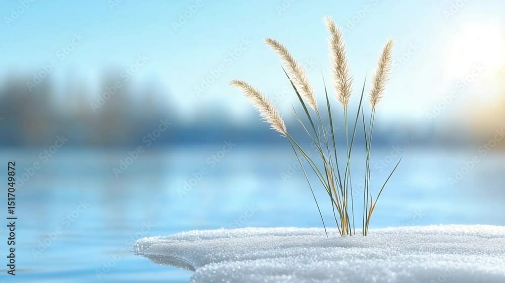Poster winter grass serenity: delicate stalks of grass rise gracefully from a snowy shore, embracing the se