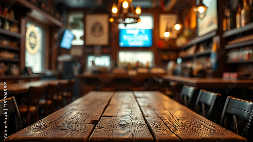 Poster empty wooden table rustic and blurred background of bar or pub for product display high quality phot