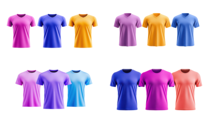 A vibrant collection of t-shirts in various colors, featuring shades of purple, yellow, and blue, perfect for casual wear.