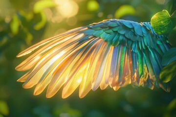 Obraz premium A stunning bird wing, illuminated by sunlight, displays golden and blue hues amongst lush green foliage.